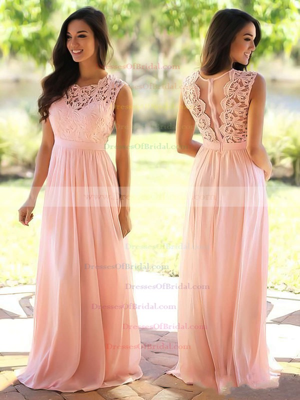 Affordable A-line Scoop Neck Lace Chiffon Floor-length Bridesmaid Dresses #DOB010020104579