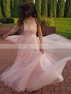 A-line V-neck Tulle Sweep Train Appliques Lace Bridesmaid Dresses #DOB010020105330