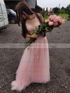 A-line V-neck Tulle Sweep Train Appliques Lace Bridesmaid Dresses #DOB010020105330