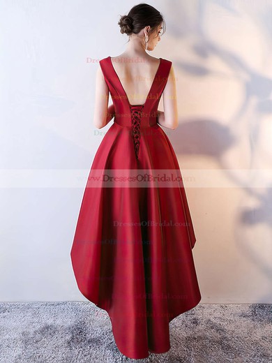 A-line V-neck Satin Asymmetrical Beading Bridesmaid Dresses #DOB010020105372