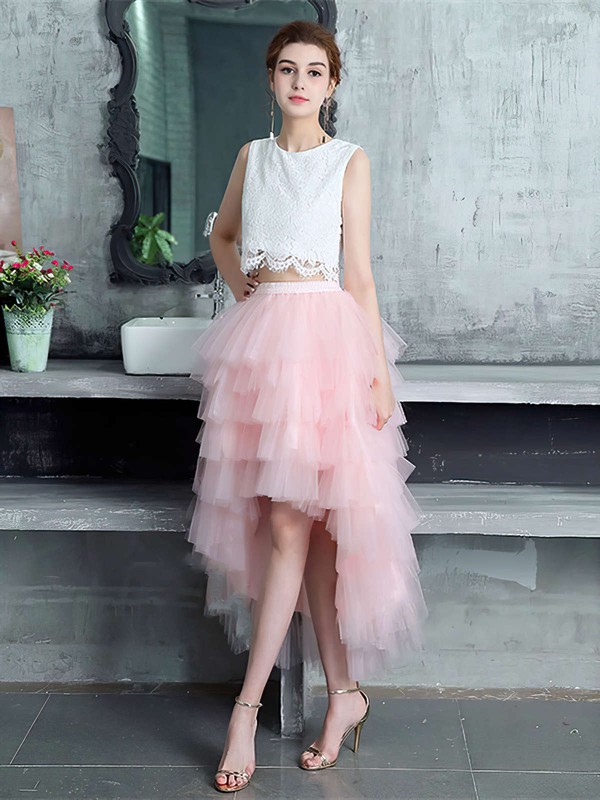 A-line Scoop Neck Lace Tulle Asymmetrical Tiered Bridesmaid Dresses #DOB010020105394
