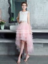 A-line Scoop Neck Lace Tulle Asymmetrical Tiered Bridesmaid Dresses #DOB010020105394