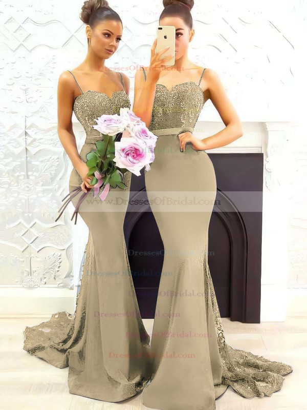 Trumpet/Mermaid Sweetheart Tulle Silk-like Satin Sweep Train Appliques Lace Bridesmaid Dresses #DOB010020105493