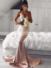 Trumpet/Mermaid V-neck Silk-like Satin Sweep Train Appliques Lace Bridesmaid Dresses #DOB010020105512