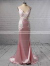 Trumpet/Mermaid V-neck Silk-like Satin Sweep Train Appliques Lace Bridesmaid Dresses #DOB010020105512
