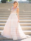 Ball Gown V-neck Tulle Sequined Sweep Train Sashes / Ribbons Bridesmaid Dresses #DOB010020106039