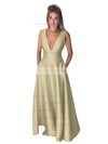 A-line V-neck Satin Floor-length Pockets Bridesmaid Dresses #DOB010020106098