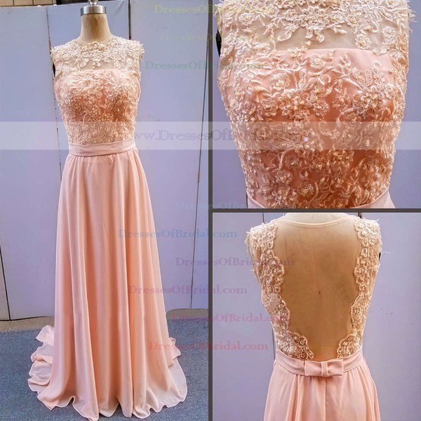 A-line Bateau Chiffon Floor-length Lace Bridesmaid Dresses #DOB01002014904