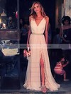 A-line V-neck Chiffon Sweep Train Lace Bridesmaid Dresses #DOB01002018761