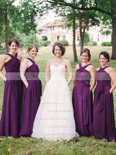 Chiffon A-line V-neck Floor-length Sashes / Ribbons Bridesmaid Dresses #DOB01013747