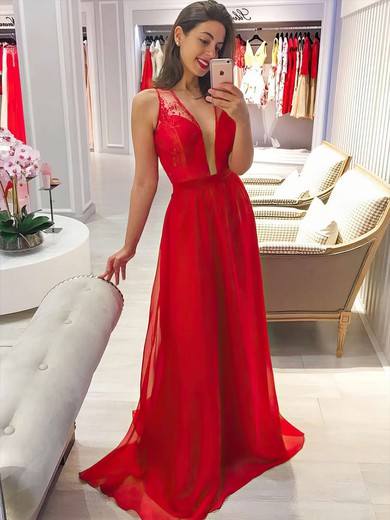 Lace Chiffon A-line V-neck Sweep Train Bridesmaid Dresses #DOB01013736