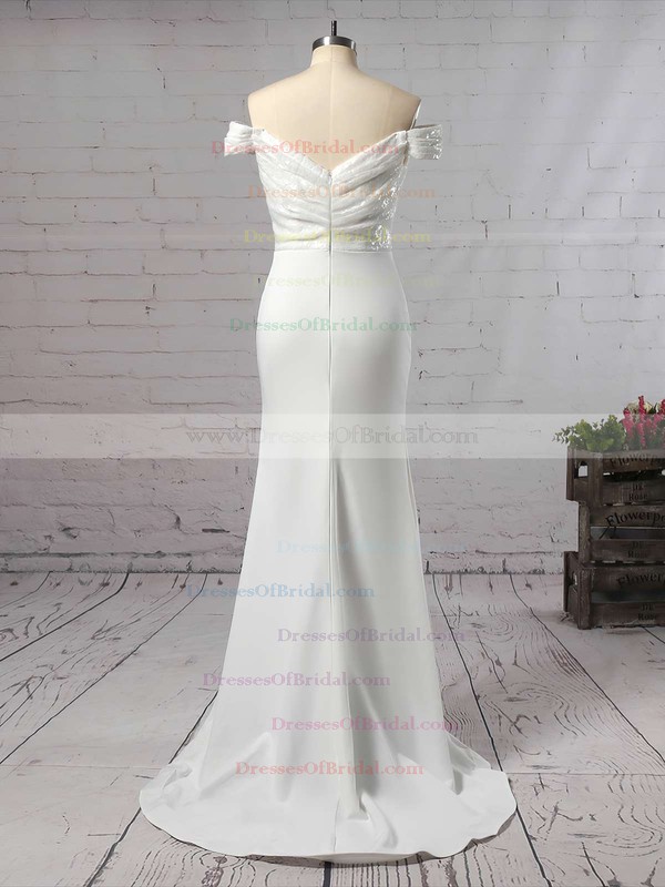 Sequined Silk-like Satin Trumpet/Mermaid Off-the-shoulder Sweep Train Ruffles Bridesmaid Dresses #DOB01013743