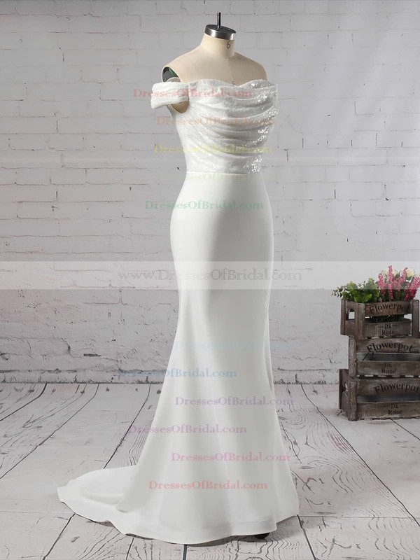 Sequined Silk-like Satin Trumpet/Mermaid Off-the-shoulder Sweep Train Ruffles Bridesmaid Dresses #DOB01013743