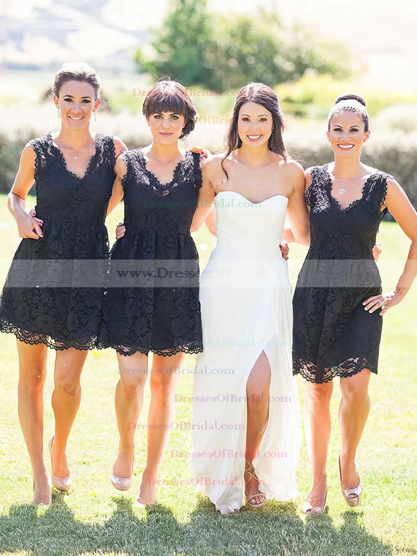 Lace A-line V-neck Short/Mini Bridesmaid Dresses #DOB01013755