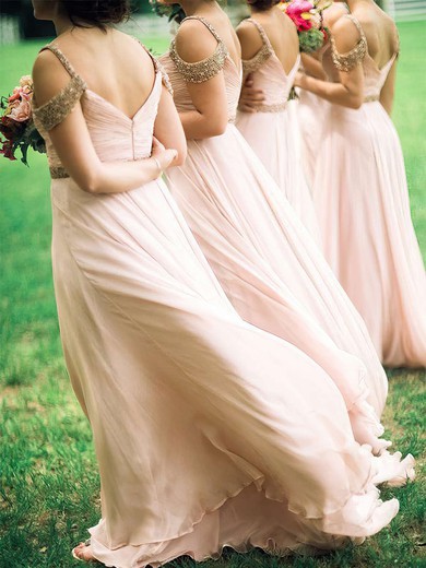 Chiffon A-line V-neck Floor-length Beading Bridesmaid Dresses #DOB01013746