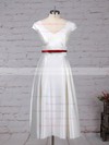 Satin Princess V-neck Tea-length Sashes / Ribbons Wedding Dresses #DOB00023271