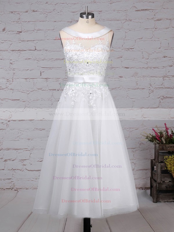 Tulle Ball Gown Scoop Neck Tea-length Beading Wedding Dresses #DOB00023272