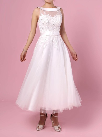 Tulle Ball Gown Scoop Neck Tea-length Beading Wedding Dresses #DOB00023272