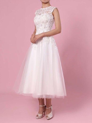 Tulle Ball Gown Scoop Neck Tea-length Beading Wedding Dresses #DOB00023274