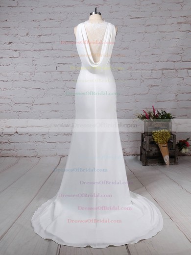 Lace Satin Chiffon Sheath/Column Scoop Neck Sweep Train Appliques Lace Wedding Dresses #DOB00023257
