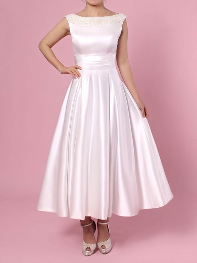 Satin Princess Scoop Neck Tea-length Bow Wedding Dresses #DOB00023269