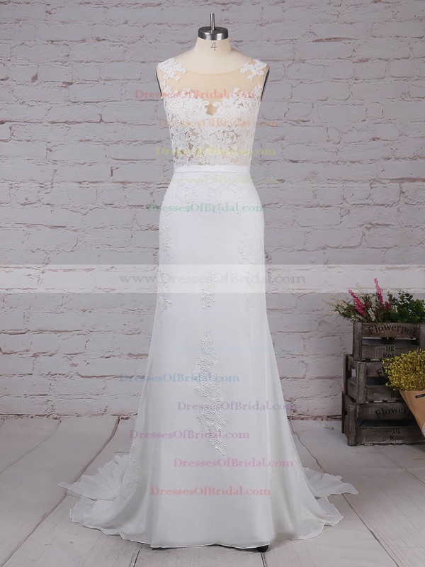 Chiffon Trumpet/Mermaid Scoop Neck Watteau Train Appliques Lace Wedding Dresses #DOB00023156