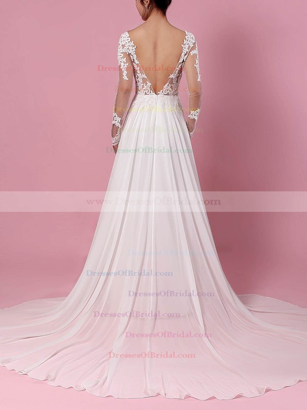 Chiffon Tulle A-line Scoop Neck Sweep Train Appliques Lace Wedding Dresses #DOB00023209