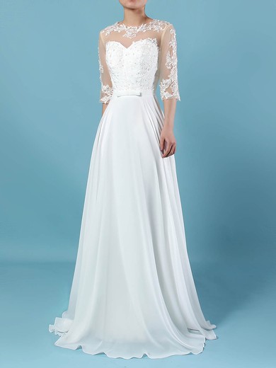 Chiffon Tulle A-line Scoop Neck Floor-length Appliques Lace Wedding Dresses #DOB00023279