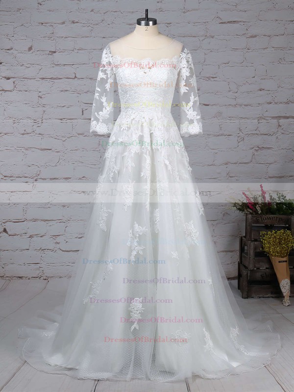 Tulle Princess Scoop Neck Sweep Train Appliques Lace Wedding Dresses #DOB00023162