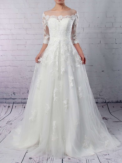 Tulle Princess Scoop Neck Sweep Train Appliques Lace Wedding Dresses #DOB00023162