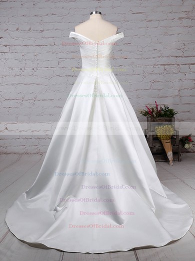Satin Ball Gown Off-the-shoulder Sweep Train Ruffles Wedding Dresses #DOB00023252