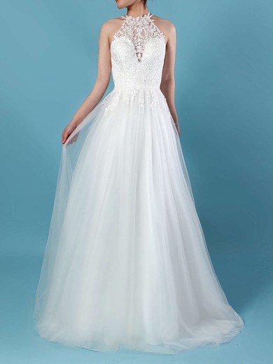 Tulle A-line Scoop Neck Sweep Train Appliques Lace Wedding Dresses #DOB00023266