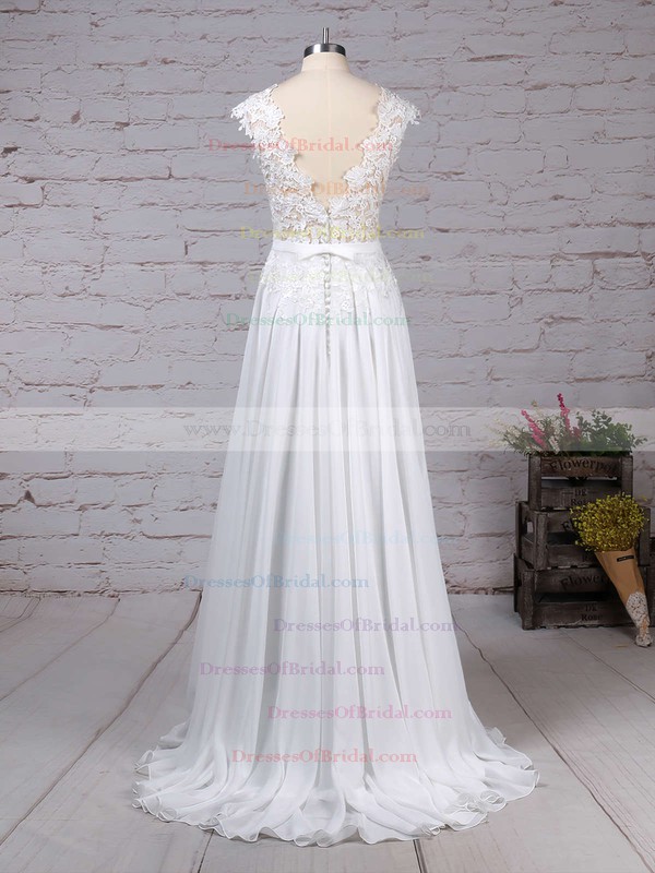 Lace Chiffon A-line Scoop Neck Sweep Train Sashes / Ribbons Wedding Dresses #DOB00023294