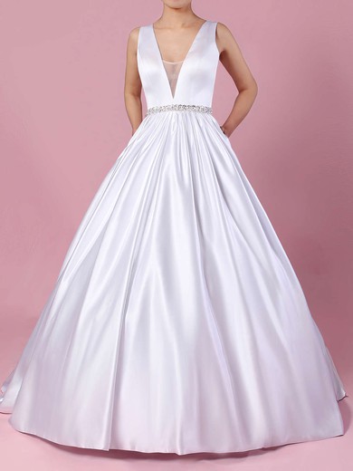 Satin Ball Gown V-neck Court Train Beading Wedding Dresses #DOB00023311