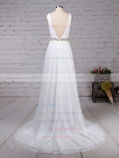 Lace Tulle A-line V-neck Sweep Train Sashes / Ribbons Wedding Dresses #DOB00023210