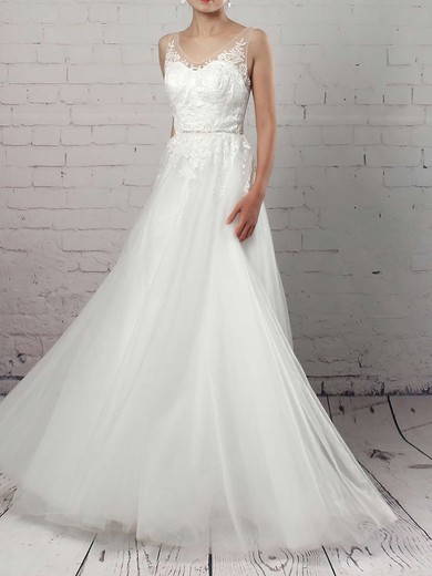 Tulle A-line V-neck Sweep Train Appliques Lace Wedding Dresses #DOB00023215