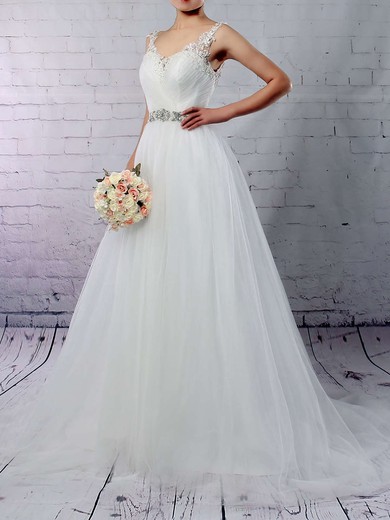 Tulle Princess V-neck Sweep Train Beading Wedding Dresses #DOB00023288