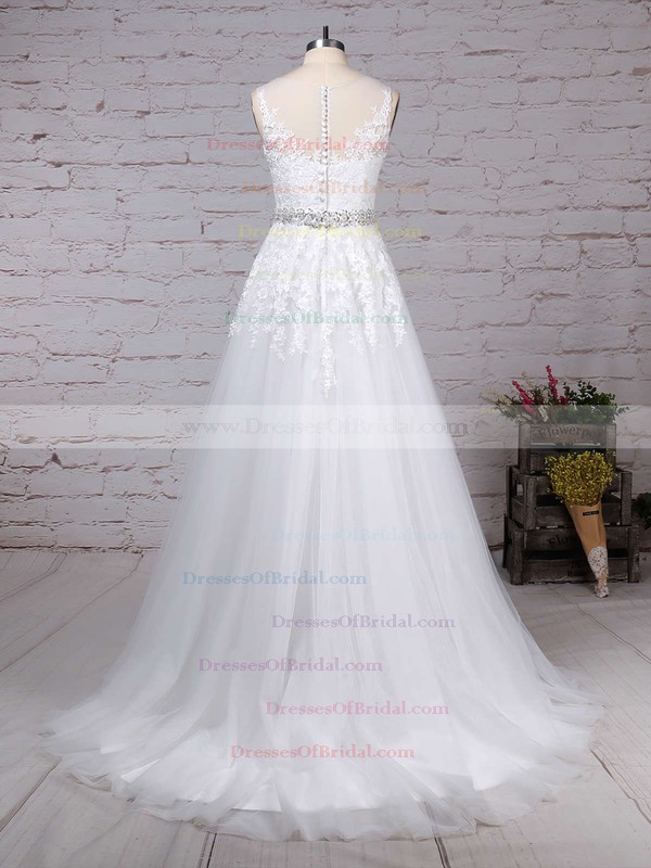 Tulle A-line Scoop Neck Sweep Train Appliques Lace Wedding Dresses #DOB00023318