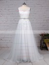 Tulle A-line Scoop Neck Sweep Train Appliques Lace Wedding Dresses #DOB00023318