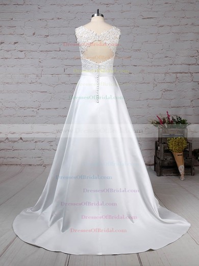 Satin Tulle Ball Gown Scoop Neck Sweep Train Appliques Lace Wedding Dresses #DOB00023319