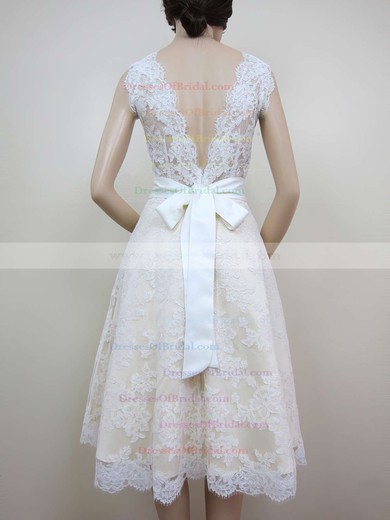 V-neck A-line Tea-length Lace Sashes/Ribbons Wedding Dresses #DOB00020464