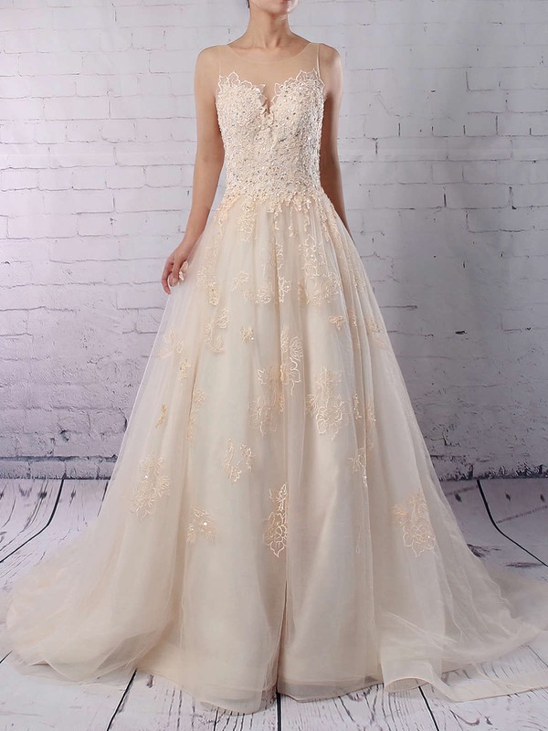 Tulle Ball Gown Scoop Neck Sweep Train Sequins Wedding Dresses #DOB00023173