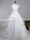 Organza Tulle Ball Gown Scoop Neck Sweep Train Appliques Lace Wedding Dresses #DOB00023192