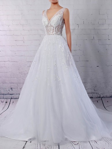 Tulle Ball Gown V-neck Sweep Train Beading Wedding Dresses #DOB00023221