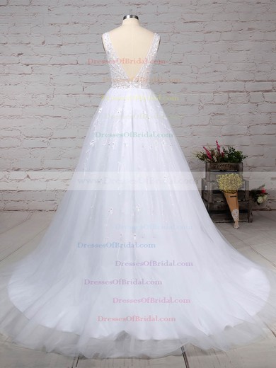 Tulle Ball Gown V-neck Sweep Train Beading Wedding Dresses #DOB00023221