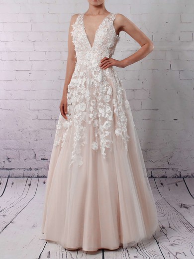 Tulle Princess V-neck Floor-length Appliques Lace Wedding Dresses #DOB00023122