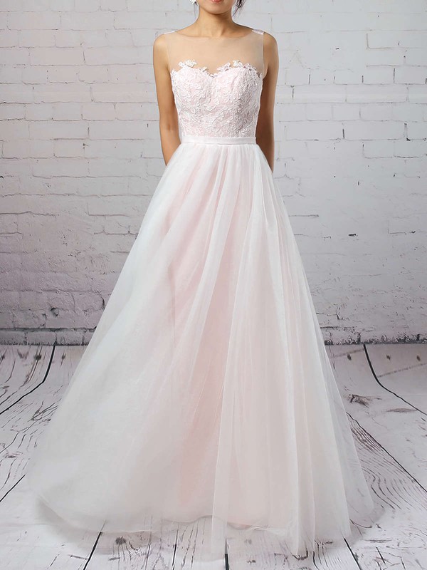 Tulle A-line Scoop Neck Sweep Train Appliques Lace Wedding Dresses #DOB00023126
