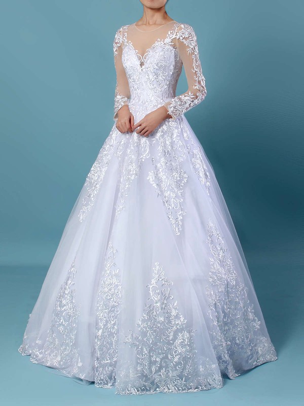 Organza Tulle Ball Gown Scoop Neck Sweep Train Appliques Lace Wedding Dresses #DOB00023141