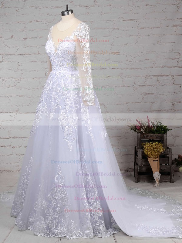 Organza Tulle Ball Gown Scoop Neck Sweep Train Appliques Lace Wedding Dresses #DOB00023141