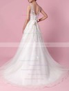 Tulle A-line V-neck Sweep Train Beading Wedding Dresses #DOB00023164